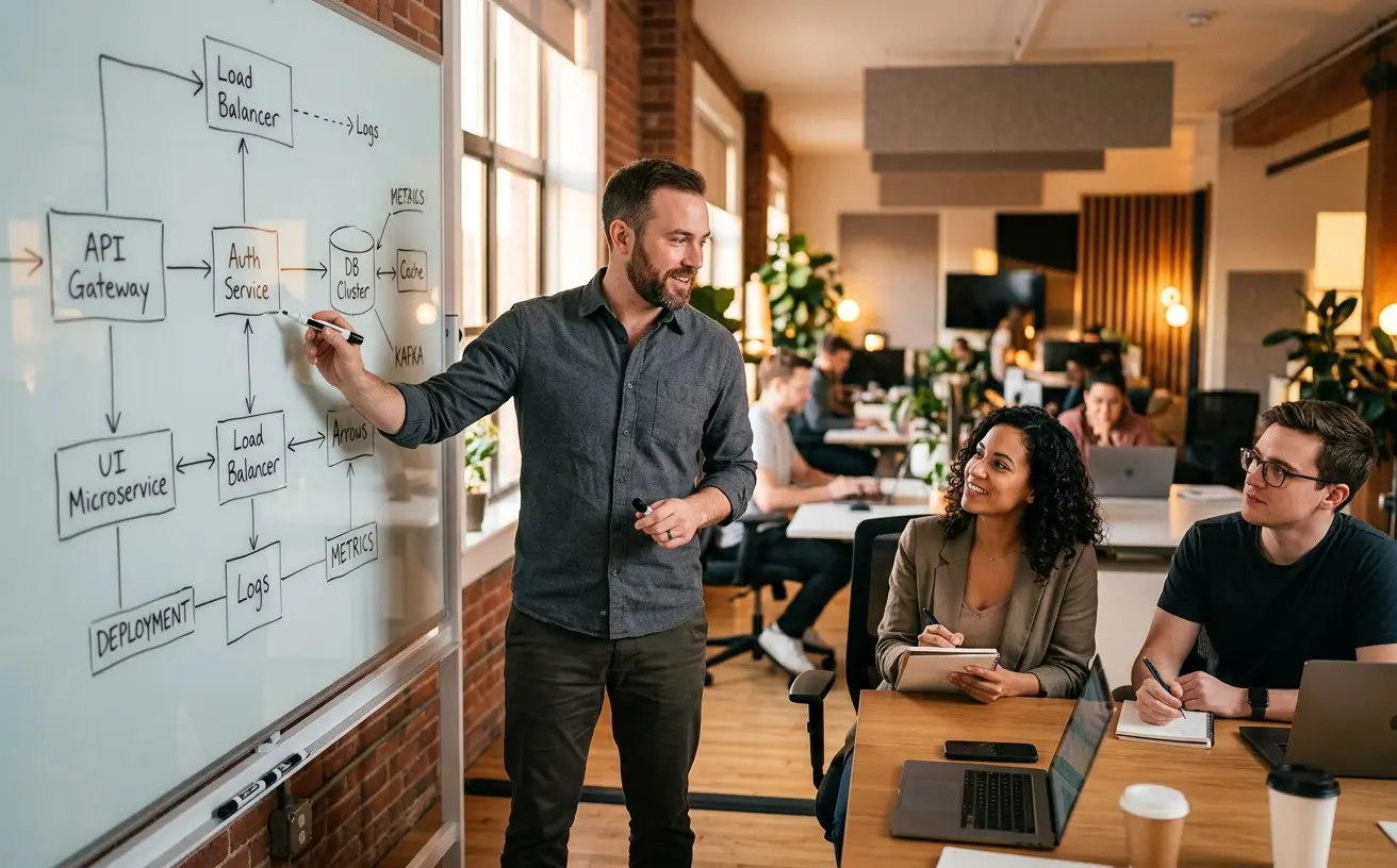 Engineer leading a technical architecture session at a whiteboard