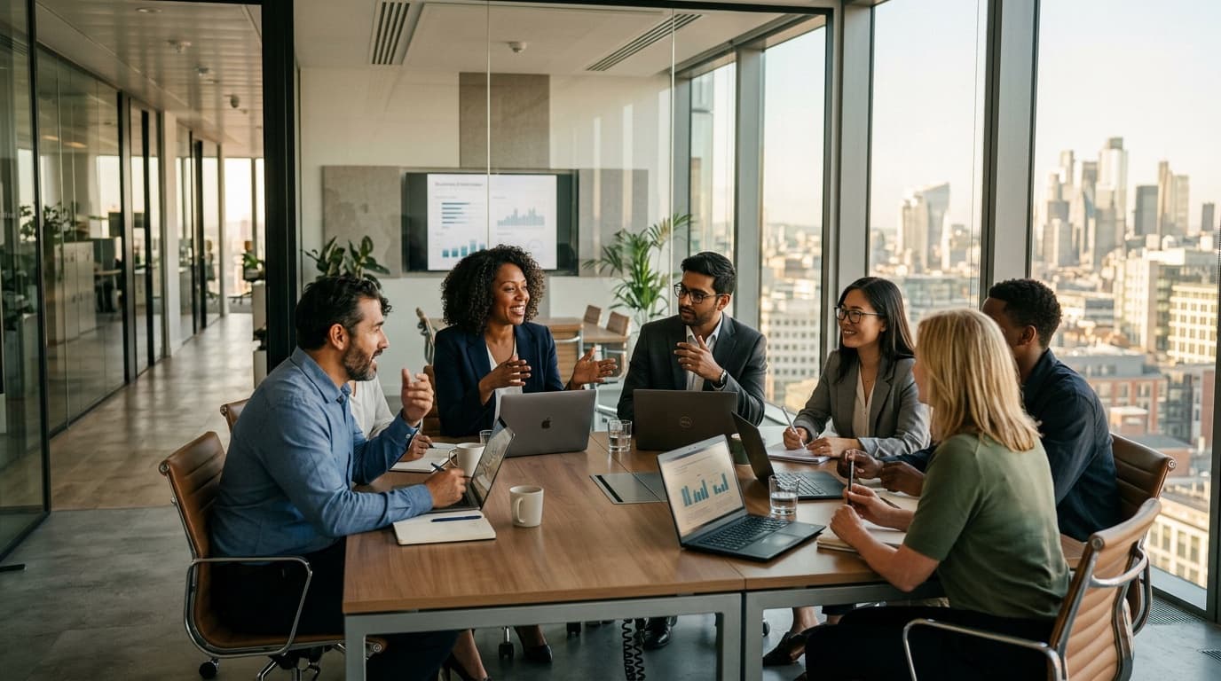Diverse team of professionals collaborating in a modern conference room