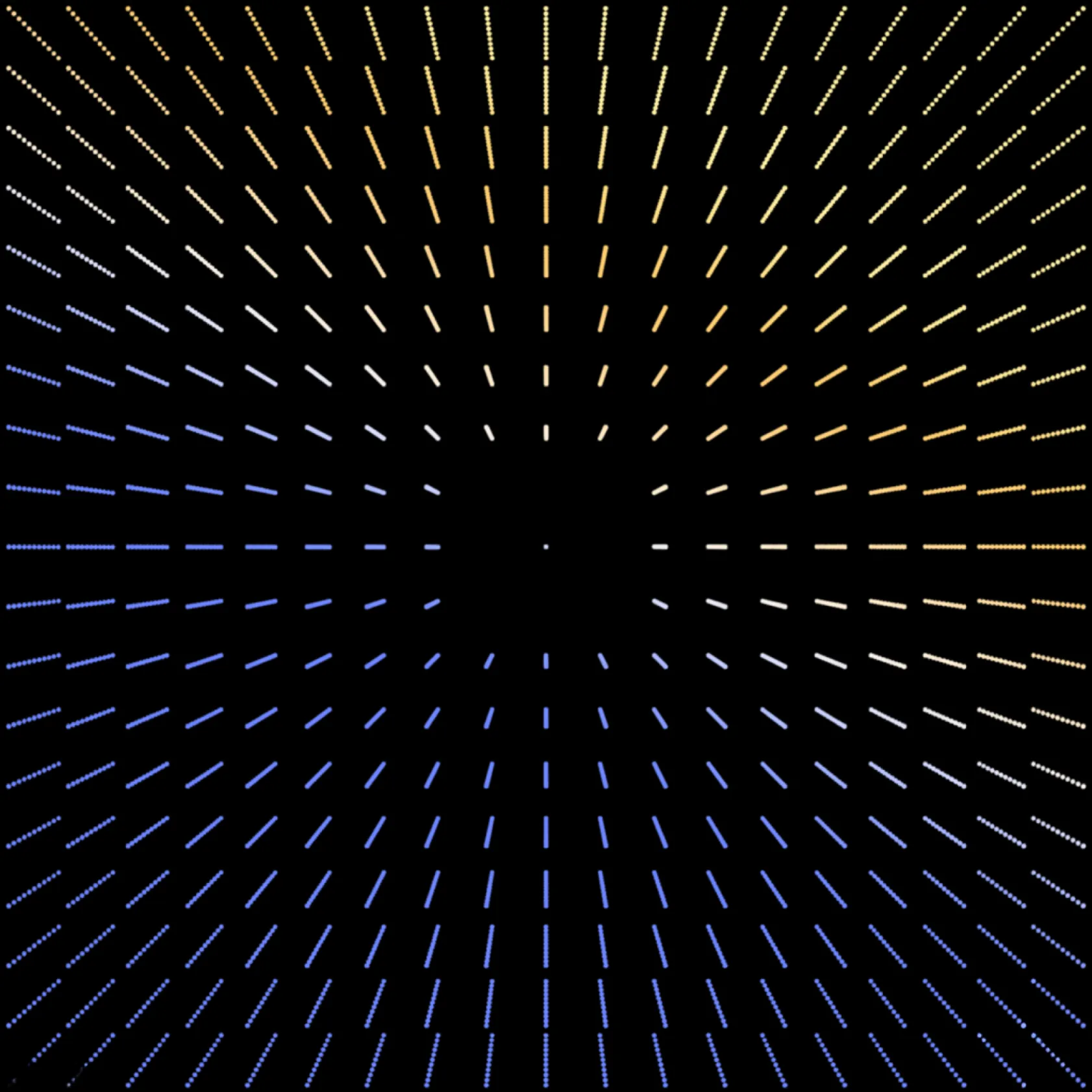 Decorative radial pattern with lines fading from blue to yellow on a black background.