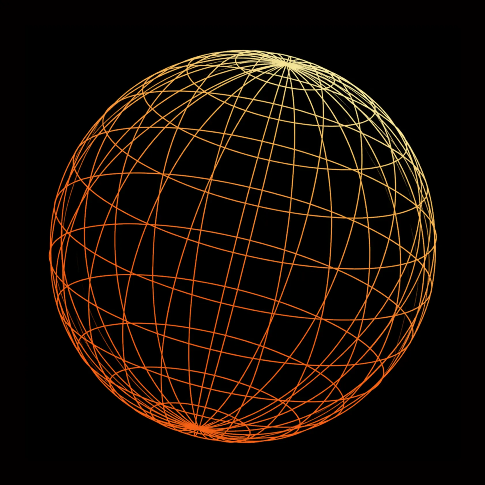 Decorative abstract sphere made of curved, intersecting orange and yellow lines on a black background.