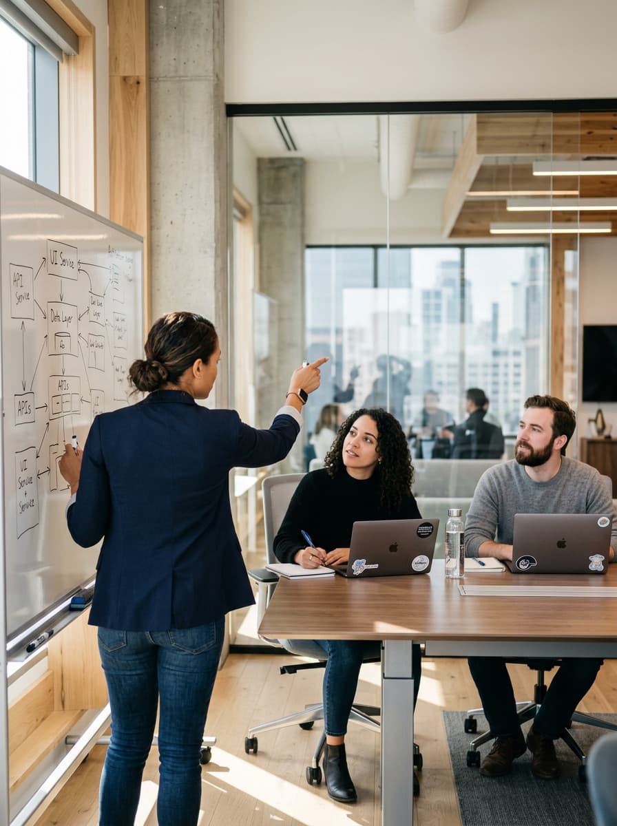 Engineer embedded with client team at a whiteboard