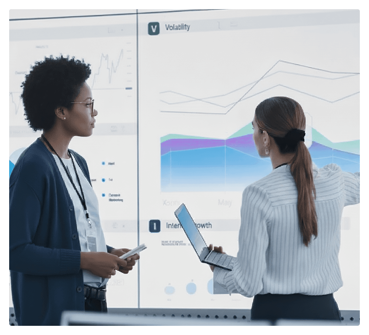 meeting room table with papers showing graphs on top